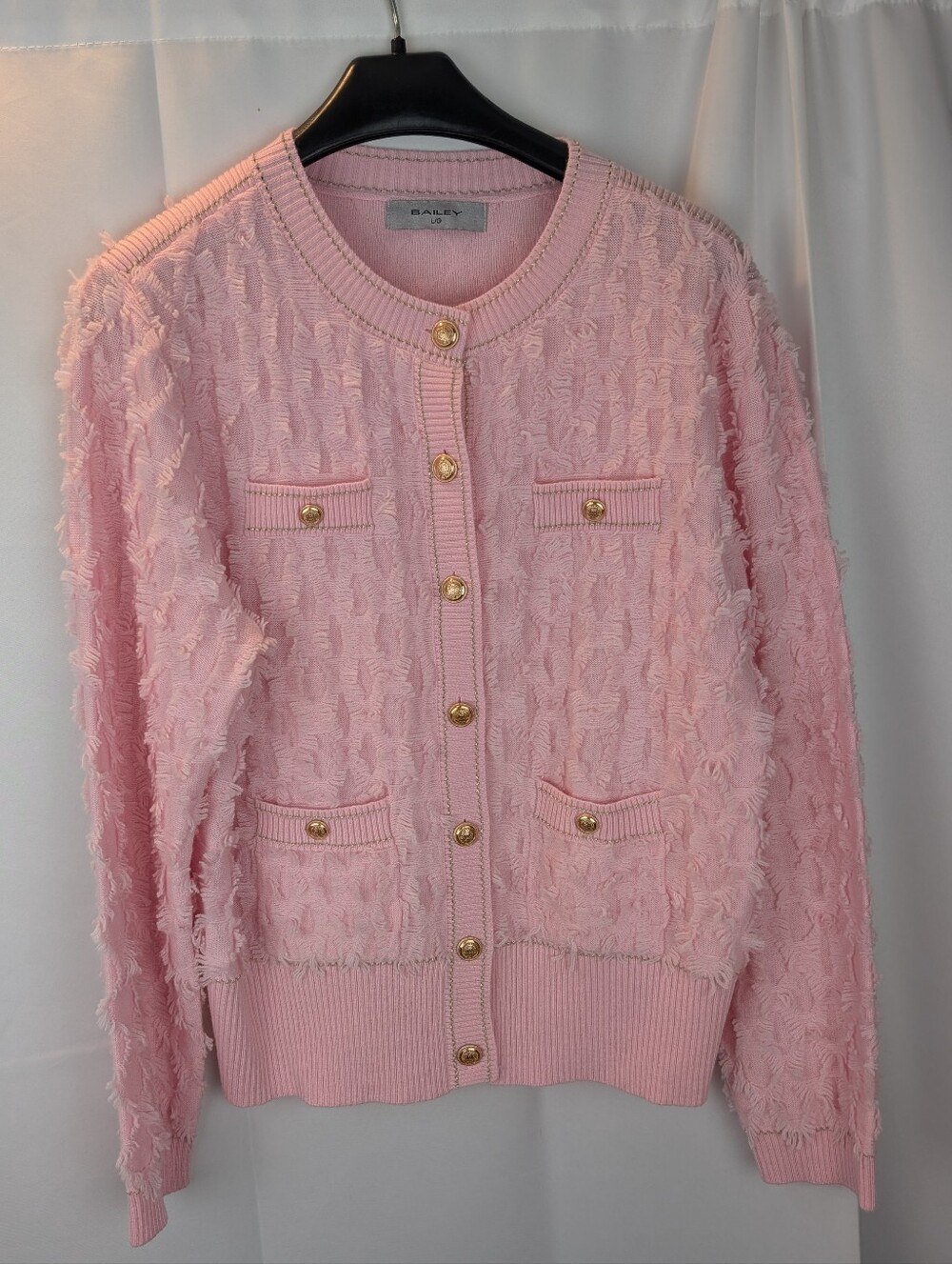 BAILEY Pink Textured Wool Lady Jacket Cardigan Sweater Gold Crest Buttons L